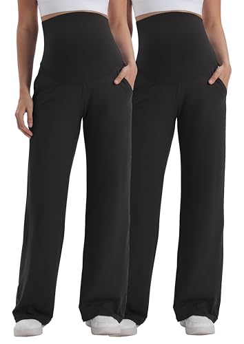Maternity Pants Wide Leg Stretchy Pregnancy Trousers - color: 2 Pack Black/Black, size: Medium