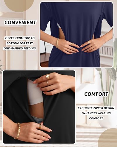 3 Pack Women's Oversize Nursing Shirts - color: Fuchsia, Navy Blue, Black, size: Medium