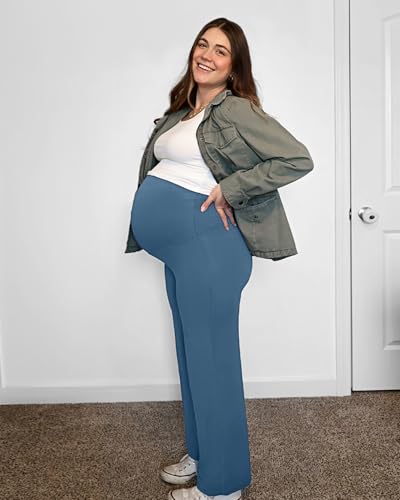 G4Free BareFeel Maternity Yoga Pants Pregnancy Slacks Over the Belly - color: Blue Gray, size: Large
