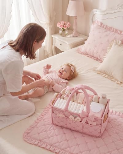 Blissful Diary Baby Diaper Caddy Organizer, Nursery Basket, Bow Light Pink - color: Bow Light Pink