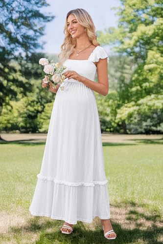 OUGES Women's Ruffle Sleeve Summer Baby Shower Maternity Photoshoot Dress - color: White, size: X-Large