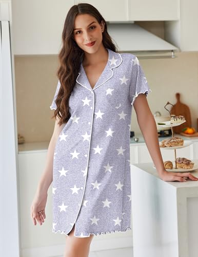 Ekouaer Cotton Nightgowns for Women Button Down Sleep Shirts Night Shirts - color: Grey Star, size: Small