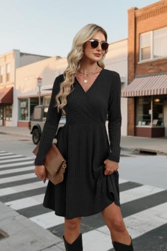 WIH0LL Womens Fall Dresses 2026 Long Sleeve Wrap Sweater Dress with Pockets - color: Black, size: Medium