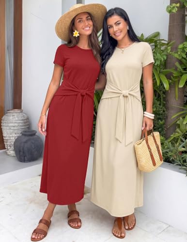 MEROKEETY Women's Summer T Shirt Casual Work Wrap Maxi Dresses - color: Apricot, size: Medium