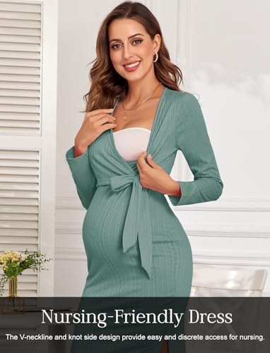 2025 Fall Rib Knit Maternity Nursing Dress Knot Side Long Sleeve V Neck Bodycon Wrap Pregnancy Split Dresses - color: Ice Green, size: Medium
