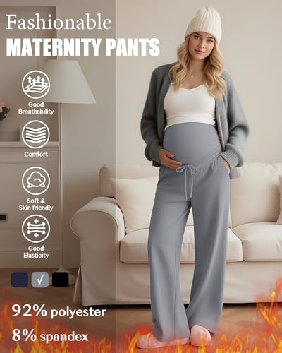 3 Pack Fleece Lined Maternity Sweatpants Lounge Pants - color: Black, Light Gray, Navy Blue, size: X-Large