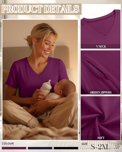 3 Pack Women's Nursing Tops Breastfeeding Shirts - color: Black, Navy, Fuchsia, size: Small
