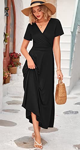 WNEEDU Women's Summer Maxi Dress Wrap Short Sleeve with Pockets - color: 0 Black, size: Large