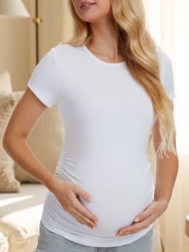 4 Pack Womens Maternity Shirts, Crew Neck Maternity Top Short Sleeve - color: Black/White/Dark Grey/Light Grey, size: Medium