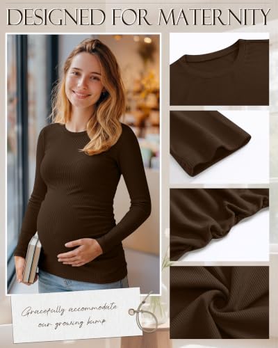 Ficerd 4 Pack Women's Maternity Shirts Long Sleeve Pregnancy Top - color: Black, Coffee, Khaki, Apricot, size: Medium