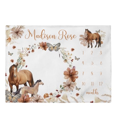 Customized Horse Milestone Blanket Personalized, Baby Girl Month Blanket, Floral Nursery Custom Age Newborn Calendar Tracker Flower New Mom Baby Gift - color: Wildflower#3