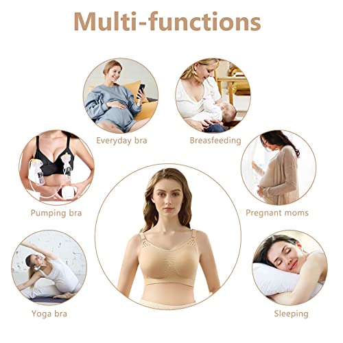 4HOW Pumping Bra Hands Free Nursing Pumping Bra All in One Wireless Padded Maternity Bralette for Large Bust - color: Black+beige, size: Medium