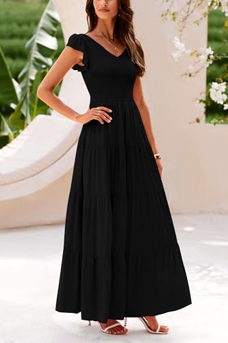 PRETTYGARDEN Women's Summer Smocked Flowy Maxi Dress - color: Solid Black, size: XX-Large