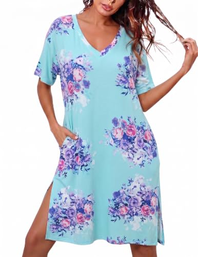 Ekouaer Womens Plus Size Nightgown Bamboo Viscose Short Sleeve Sleepshirt - color: Blue Floral, size: Medium