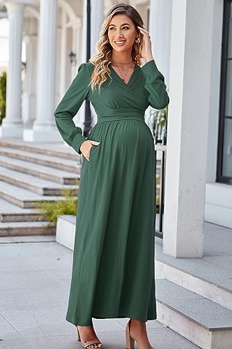 OUGES Women's Wrap Pregnancy Maxi V Neck Fall Baby Shower Maternity Dress - color: Dark Green, size: Small