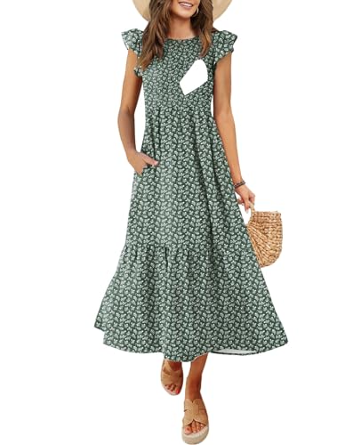 CzzzyL Women's Nursing Dress Flutter Sleeve Crew Neck Smocked Midi Pockets - color: Floralgreen, size: Medium