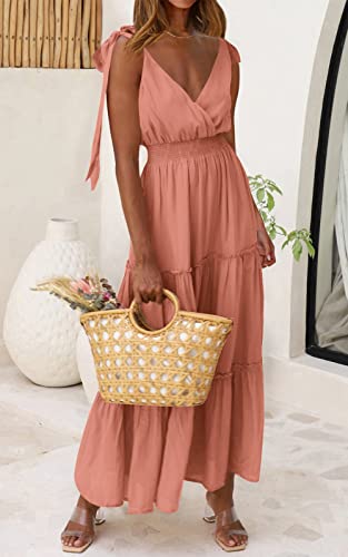 PRETTYGARDEN Women's Cross Neck Summer Sleeveless Tiered Maxi Dress Beach Tie Strap Smocked Long Dresses Pleated Sundress - color: Nude Pink, size: Small