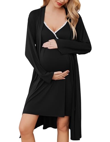 Ekouaer Nursing Nightgown and Maternity Robe Set Labor and Delivery Gown - color: A Black, size: Medium