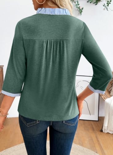 EVALESS Womens Tops Striped Colorblock V Neck 3/4 Sleeve Blouses Tunics - color: Green, size: Large