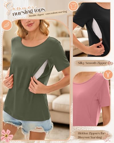 3 Pack Nursing Tops for Women - color: Dark Pink, Black, Army Green, size: Medium