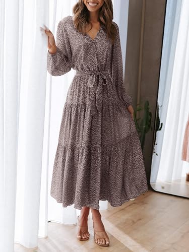 PRETTYGARDEN Womens Long Sleeve Boho Floral Wrap Maxi Dress - color: Brown, size: Medium