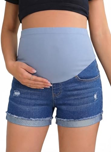 BLENCOT Maternity Jean Shorts Over Belly Stretchy Fold Hem Denim Pants - color: Ashleigh Blue, size: Small