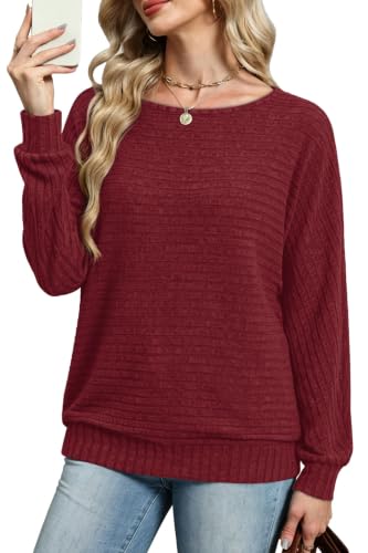 Sampeel Long Sleeve Shirts for Women Crewneck Tunic Tops Oversized Sweaters - color: Burgundy, size: Medium