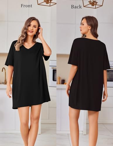 Ekouaer Plus Size Nightgowns for Women Oversized Sleep Shirt Tshirt Dress - color: Black, size: Medium