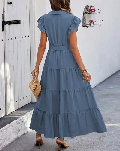 dowerme Women Ruffle Sleeve Button Belted Boho Maxi Dress - color: Grey Blue, size: XX-Large
