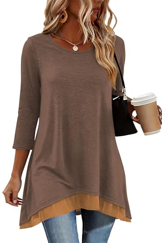 Poetsky Womens 3/4 Sleeve Tunic Tops for Leggings Long Shirts with Pockets - color: Coffee, size: Large