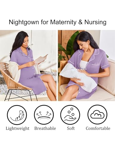 Ekouaer Nightgowns for Women Bamboo Viscose Button Down Sleepshirts - color: Purple, size: Medium