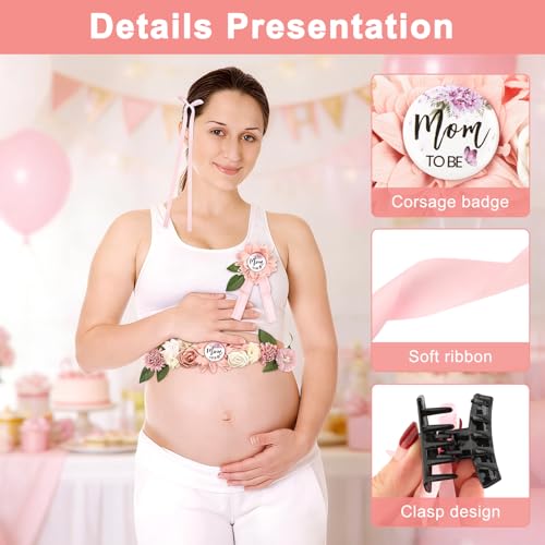 5 Pcs Pink Baby Shower Sash and Pin Set, Floral Maternity Belly Sash