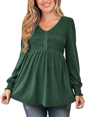 FMEYOA Maternity Tops V Neck Puff Sleeve Smocked Button Maternity Shirts - color: Dark Green, size: Large
