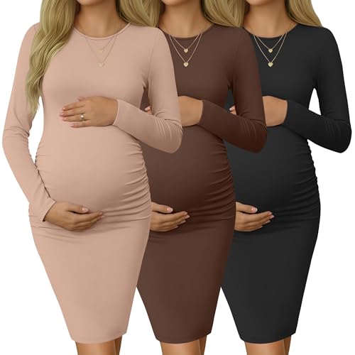 Riyiper 3 Pack Women's Long Sleeve Maternity Dresse - color: Khaki, Coffee, Black, size: XX-Large