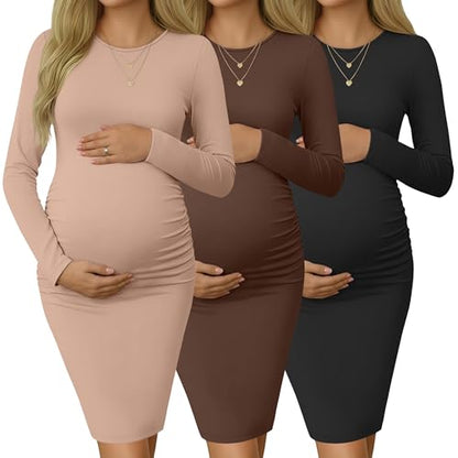 Riyiper 3 Pack Women's Long Sleeve Maternity Dresse - color: Khaki, Coffee, Black, size: X-Large