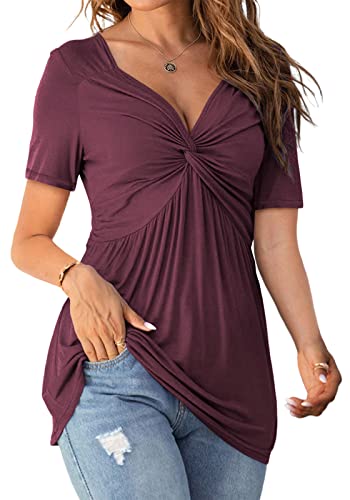 Tankaneo Womens Front Knotted V-Neck Blouse T Shirt Short Sleeve Oversized Tunic Tops Summer Solid Pullover Tees - color: B04-fuchsia, size: X-Large
