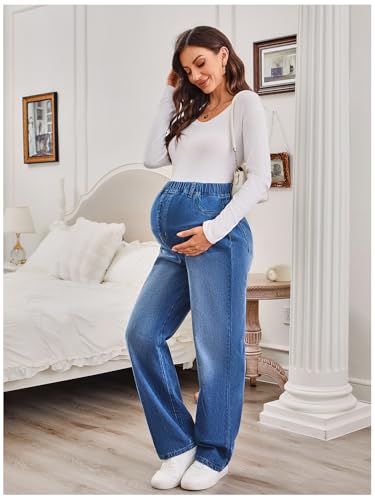 MakeMeChic Women's Maternity Jeans Loose Fit Over The Belly Pants - color: A Blue, size: X-Large