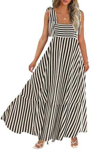 CURBODO Women's Summer Maxi Dress Boho Spaghetti Straps Casual Long A-line Smocked Beach Dress Flowy Sun Dresses with Pockets - color: Black Thin Stripe, size: X-Large