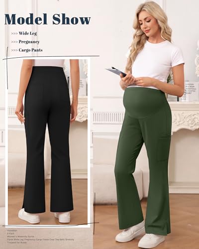 2 Pack Women's Maternity Wide Leg Cargo Scrub Pants - color: Black, Army Green, size: Medium