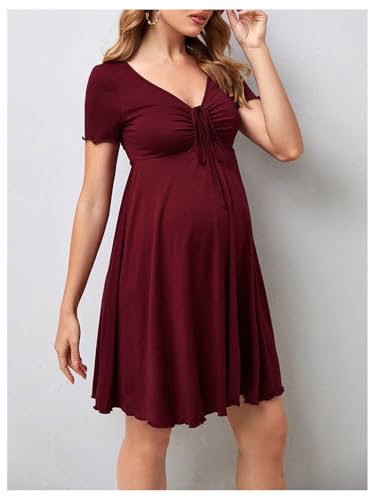 OYOANGLE Women's Maternity Tie Front V Neck Short Dresses - color: Burgundy, size: X-Small