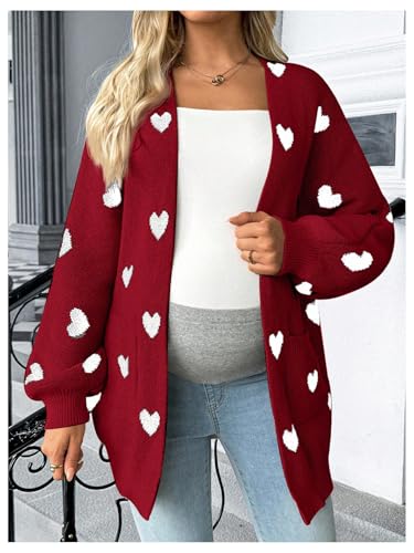 MakeMeChic Women's Maternity Heart Sweater Cardigan Fall Winter Clothes - color: Red, size: Small