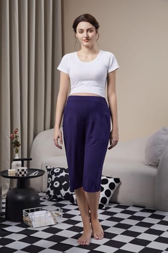 Maternity Lounge Capri Pants, Maternity Cropped Capri Pregnancy, Light Relaxed Soft Touch Trousers with Pockets - color: Navy Blue, size: Medium