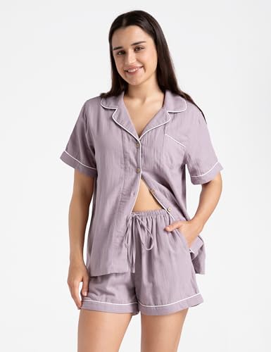 Womens Muslin Pajama Sets 100% Cotton Double Gauze Linen Like Short Pjs - color: Purple, size: Medium