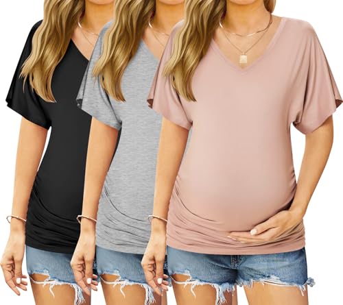 Ekouaer 3 Pack Maternity Shirts V Neck Pregnancy Tops Tunic Blouse Summer - color: Black/Grey/Pink, size: Small
