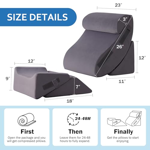Ahpmeoa 5Pcs Wedge Pillow Set for After Surgery, Memory Foam, Grey Plush - color: Grey Plush