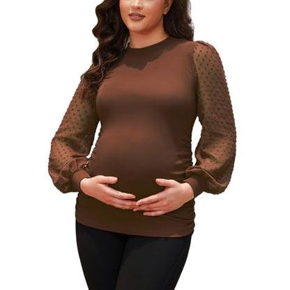 Bhome Mock Neck Maternity Shirt Ribbed Knit Maternity Blouse Mesh Long Sleeve Fitted Pregnant Top - color: Chocolate, size: Medium