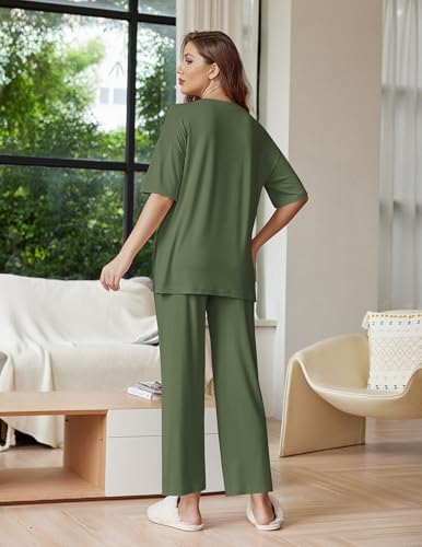 Ekouaer Lounge Sets for Women Soft Comfy Pajama Set 2 Piece Outfits - color: Army Green, size: Medium