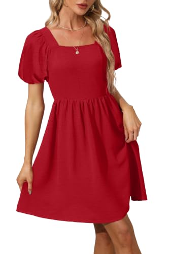 OFEEFAN Women Puff Sleeve Square Neck Tie in Back Dresses with Zipper - color: Red, size: Medium