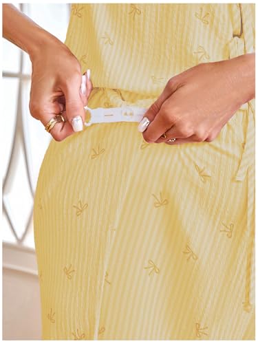 MakeMeChic Women's Maternity Summer 2 Piece Outfits Pregnancy Boho Vacation Striped Bow Top and Pants Set - color: Light Yellow, size: Medium