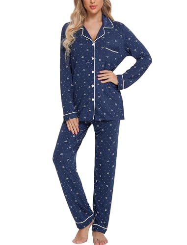 Leikar Button Up Pajamas For Women Long Sleeve Viscose Soft Pjs Lounge - color: Blue White Heart, size: XX-Large